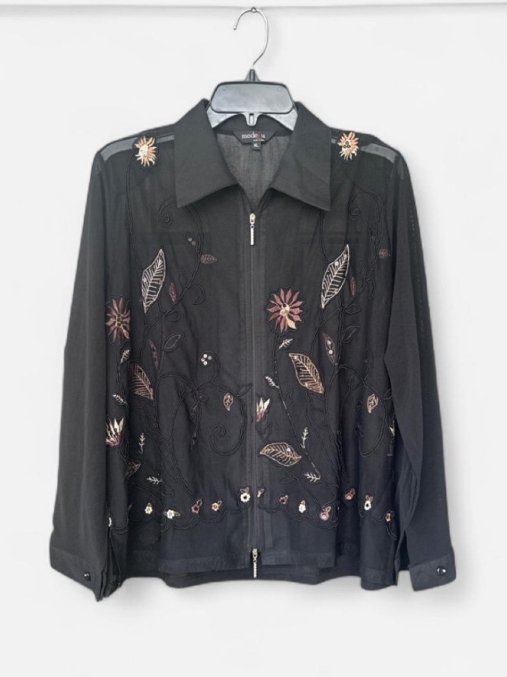 Embellished Black Floral mesh Zip-Front Jacket